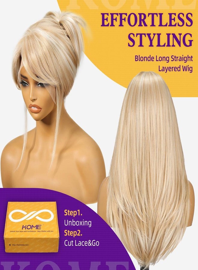 KOME Blonde Synthetic Lace Front Wig,13X6 Long Straight Layered Glueless Wigs for Women Daily Use 22IN - Image 2
